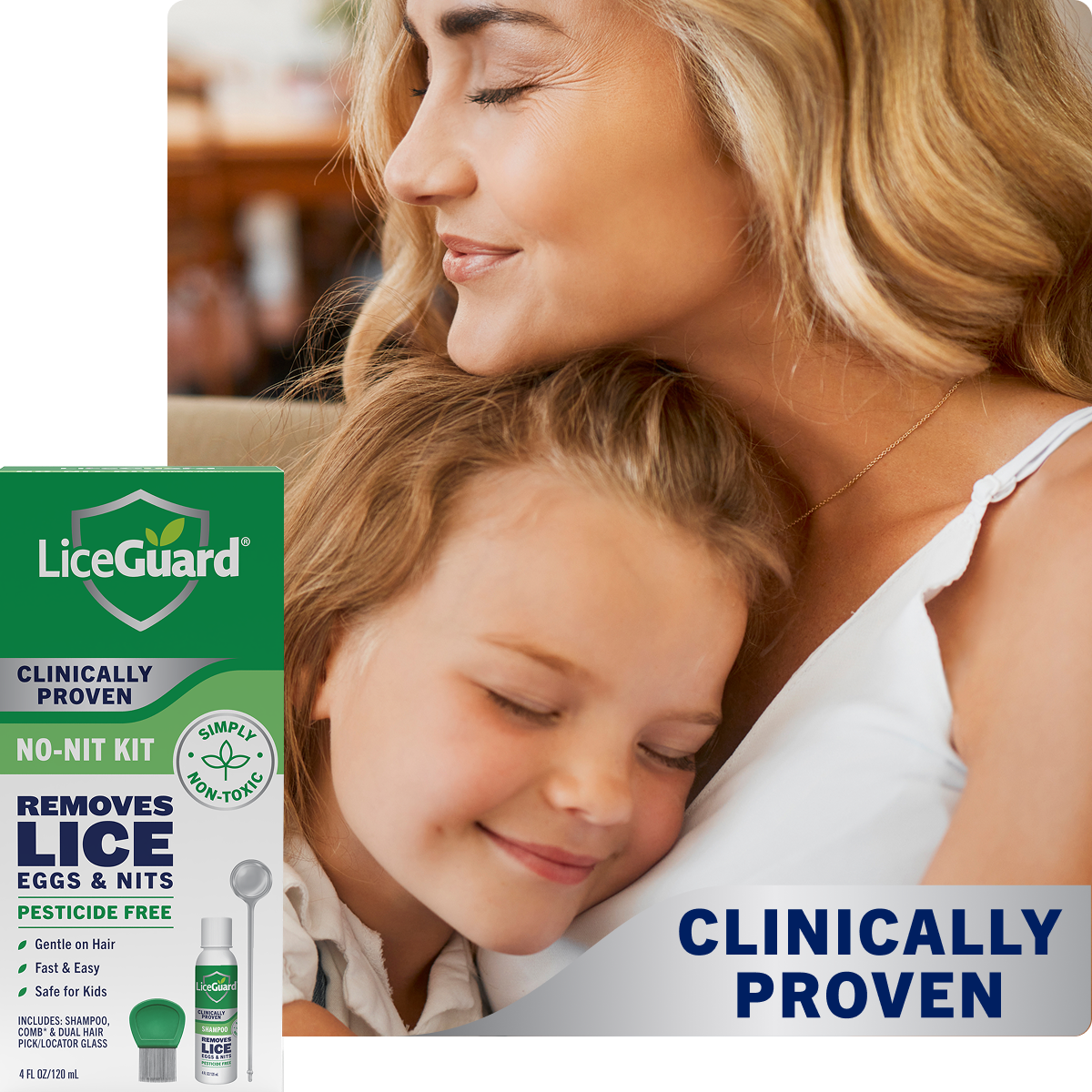 LiceGuard product packaging with a woman and child, featuring clinically proven text.