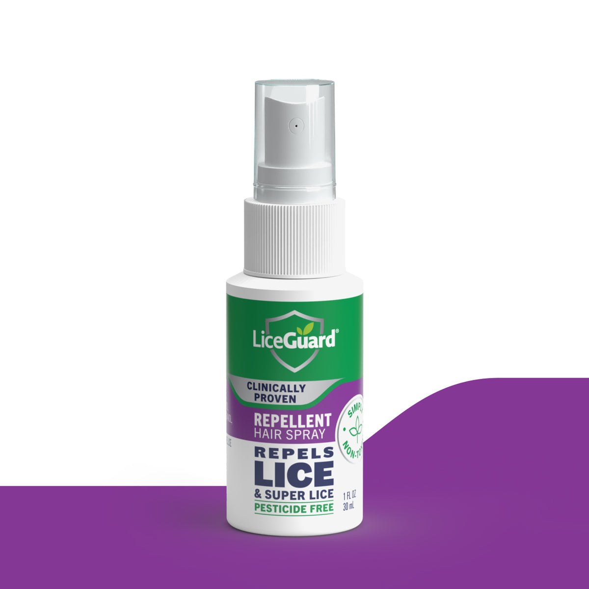 LiceGuard repellent hair spray bottle on a white background with a purple banner at the bottom. (Item 3 of 5)