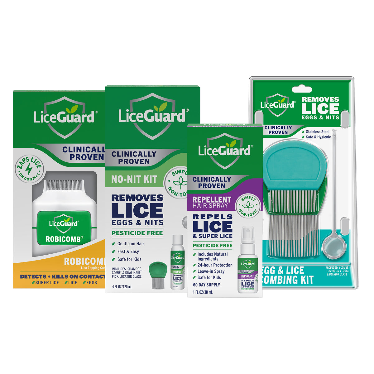 LiceGuard product packaging including a comb, spray, and other items on a white background